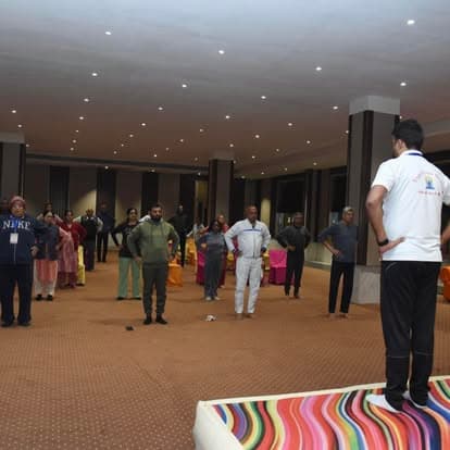 An indoor group yoga session